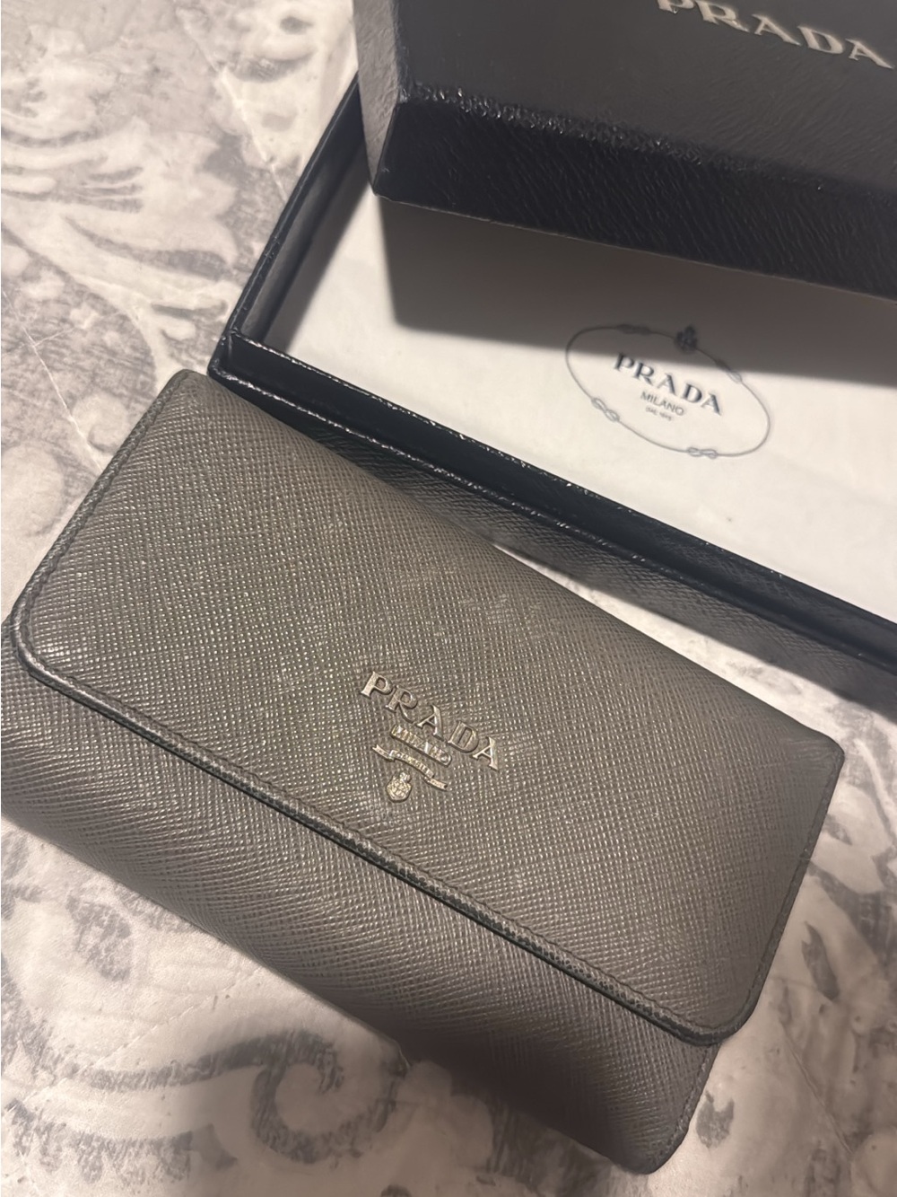 Prada Saffiano Leather Wallet in Grey with Silver Logo